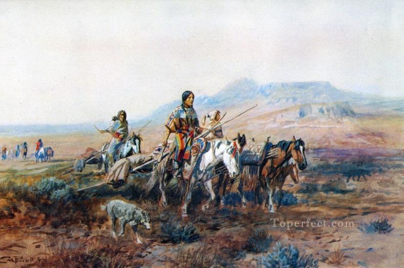 Als der Weg zwischen den Lagern 1901 Charles Marion Russell Indianer lang war Ölgemälde